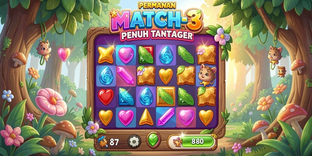 Screenshot gameplay Match-3 yang menegangkan dan penuh warna.