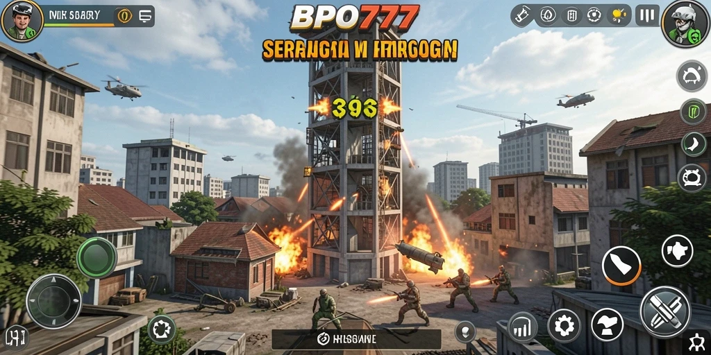 Screenshot gameplay BPO777 menampilkan menara bertahan dari serangan musuh.