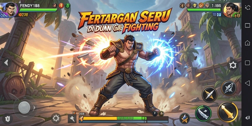 Screenshot FENDY188 menampilkan karakter bertarung dalam arena dengan efek visual yang spektakuler.
