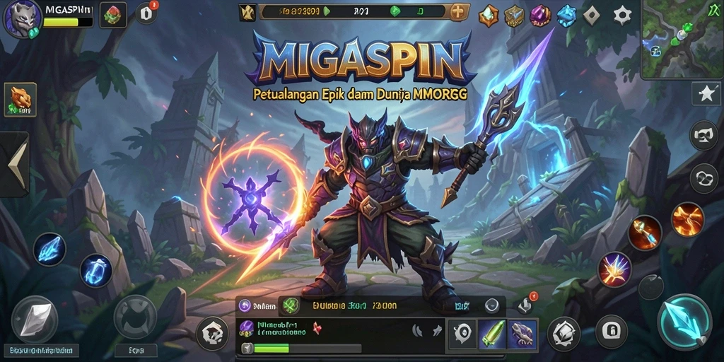 Screenshot utama MIGASPIN menunjukkan baku tembak epik dan suasana permainan MMORPG yang seru.