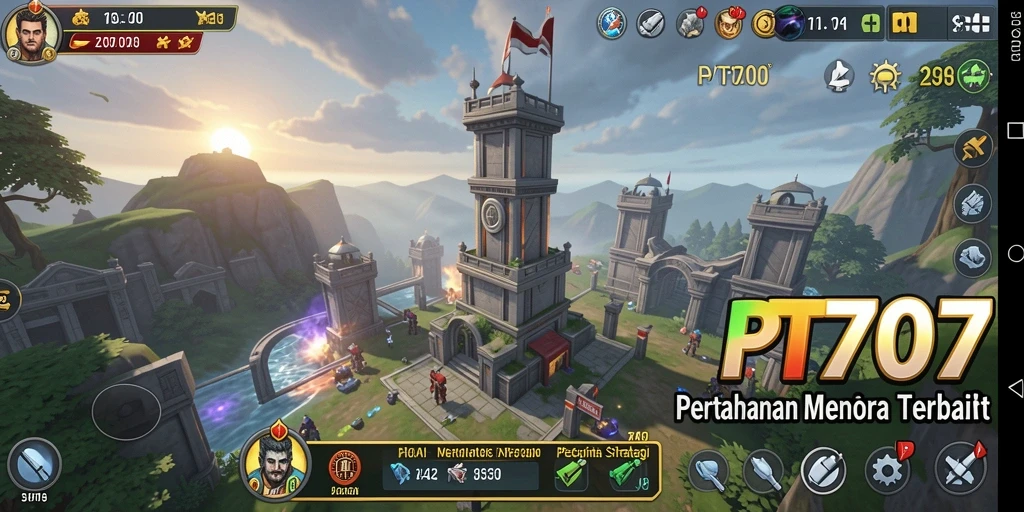 Tangkapan layar gameplay PT707 dengan menara yang siap mempertahankan dari serangan musuh.