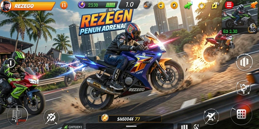 Tampilan gameplay motor balap yang seru dan mendebarkan.