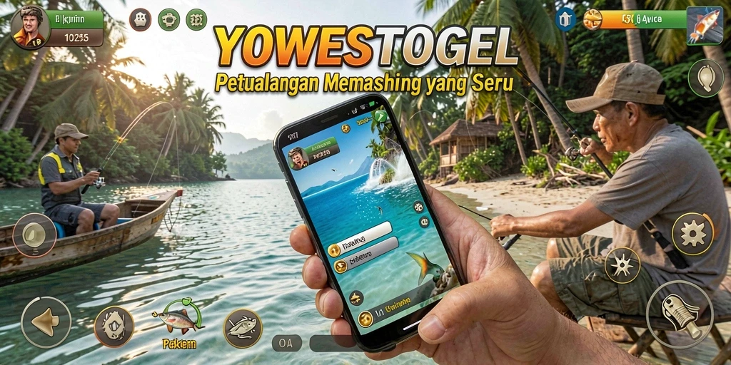 Screenshot YOWESTOGEL menampilkan pemain sedang memancing di lokasi indah.